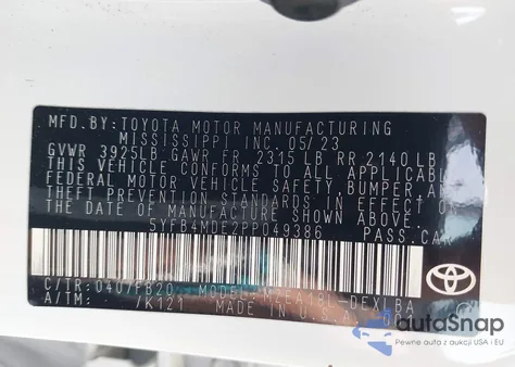 2023 Toyota Corolla Le from USA, damaged, VIN 5YFB4MDE2PP049386